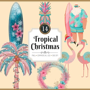Tropische Weihnachts-Cliparts: Strandurlaub, Surfbrett, Flamingo, Ananas (PNG-Download)