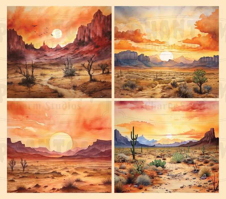 Four of our Watercolor Desert backgrounds; includes landscapes with various types of cactus, mountains, rock formations, and sunsets, all showcasing the beauty of the United States Southwest desert.