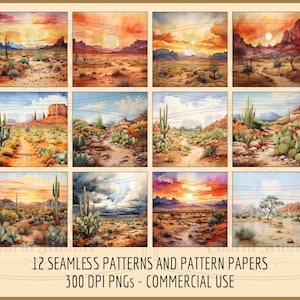This card shows all 12 pattern papers included in our Watercolor Desert backgrounds digital paper pack.