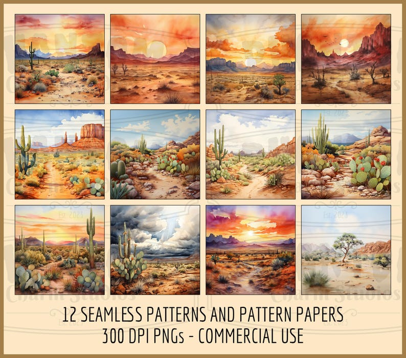 This card shows all 12 pattern papers included in our Watercolor Desert backgrounds digital paper pack.