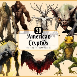 American Cryptids Clipart Bundle | Mythical Creatures, Spooky Designs, Dark Fantasy, Bigfoot Mothman, Instant PNG Download, Commercial Use