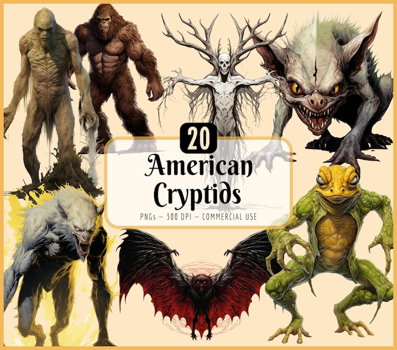 Eight images from our American Cryptids clipart bundle. Explore the eerie side of folklore with the Skunkape, Bigfoot, Wendigo, Chupacabra, Frogman, Mothman, Skinwalker and the Jersey Devil.