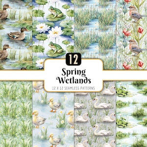 Frühling Sumpfgebiete nahtlose Muster-Bundle | Digital Paper Pack, Natur Botanicals, Seerosen-Teichfrösche, sofortiger PNG-Download, kommerzielle Nutzung