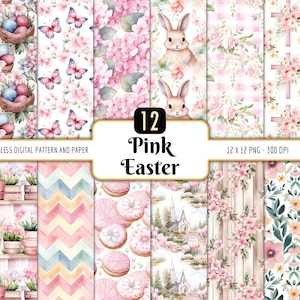 Lot de motifs de Pâques roses | Paquet de papier numérique, aquarelle printanière, fleurs pastel, lapins, Pâques, téléchargement PNG instantané, usage Commercial