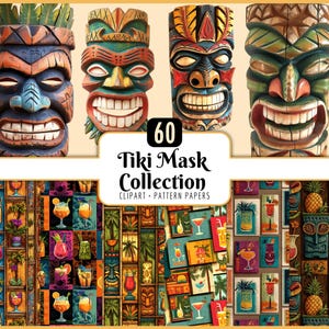 Può includere: Una collezione di quattro maschere tiki in legno intagliato con colori vivaci e dettagli intricati. Le maschere sono esposte sopra una serie di carte decorate colorate con bevande tropicali e disegni tiki. È visibile anche il testo "60 Tiki Mask Collection".