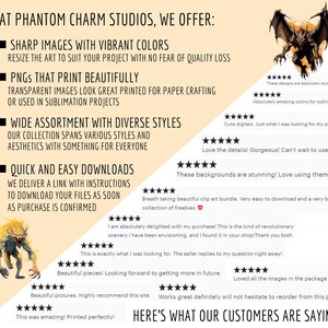 This card gives more information about Phantom Charm Studios products and shares some 5 star reviews from our customers.