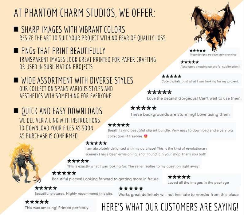 This card gives more information about Phantom Charm Studios products and shares some 5 star reviews from our customers.