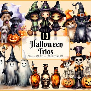 Halloween Trios Clipart: Spooky Season Graphics, Potion Bottles, Witches, Black Cats, Pumpkins (PNG Download)