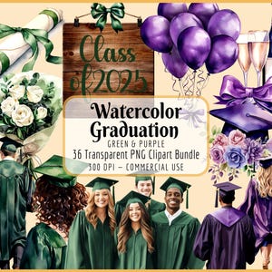 Aquarell Graduierung Clipart Paket I grün lila, grad lassen, Diplom, Cap Kleid Robe, ältere Mädchen, sofortiger PNG Download, kommerzielle Nutzung