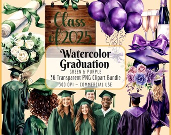 Aquarell Graduierung Clipart Paket I grün lila, grad lassen, Diplom, Cap Kleid Robe, ältere Mädchen, sofortiger PNG Download, kommerzielle Nutzung