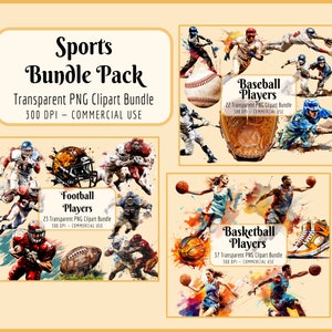 Pacote de clipart esportivo | Jogadores de futebol, jogadores de beisebol, jogadores de basquete, meninas e meninos, download instantâneo de PNG, uso comercial