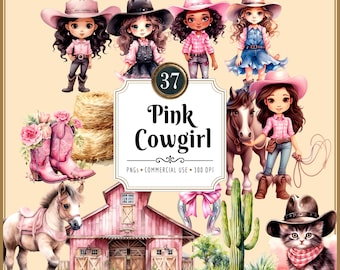 Pink Cowgirl Clipart Bundle I Watercolor, Cute Girl Aesthetic, Coquette Bows, Wild West, Nursery Girls Room Cowgirl Boots (PNG Download)