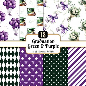 Puede incluir: Una colección de 18 patrones sin costuras con temática de graduación en verde y morado. Los patrones incluyen globos, libros con birretes, pergaminos con lazos morados y ramos. Patrones adicionales presentan formas geométricas y estrellas.