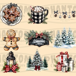 Nine of our Farmhouse Christmas clipart images; including a plate of gingerbread cookies, a cup of cocoa, a silver bell swag, gingerbread man, Christmas tree sign, snowy pine trees, a lantern with candle, a decorated tree in the forest, gifts.