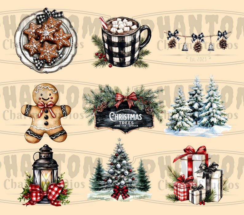Nine of our Farmhouse Christmas clipart images; including a plate of gingerbread cookies, a cup of cocoa, a silver bell swag, gingerbread man, Christmas tree sign, snowy pine trees, a lantern with candle, a decorated tree in the forest, gifts.