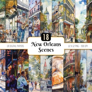 Scènes de la Nouvelle-Orléans | Paquet de papier numérique, aquarelle, paysages urbains animés, NOLA, beignets du quartier français, téléchargement PNG instantané, usage commercial