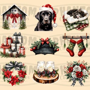 Nine of our Farmhouse Christmas clipart images; including decorated barn doors, a black lab, a sleeping kitten, a stack of gifts, a blank sign, hanging red stockings, a poinsettia wreath, candles on a wood slice and florals.