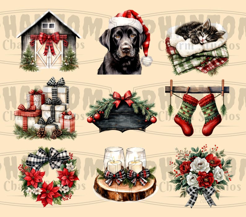 Nine of our Farmhouse Christmas clipart images; including decorated barn doors, a black lab, a sleeping kitten, a stack of gifts, a blank sign, hanging red stockings, a poinsettia wreath, candles on a wood slice and florals.