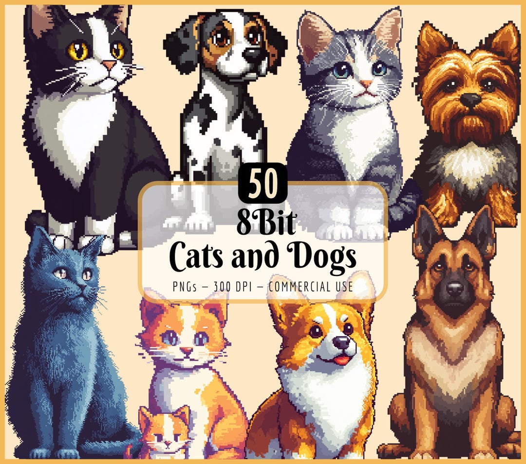 8-bit Cats and Dogs Clipart: Retro Pixel Art Cartoon Graphics (PNG ...