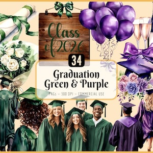 Imágenes prediseñadas de graduación: Verde y morado, chicas y chicos de último año, diploma, birrete, toga y birrete (descarga PNG)
