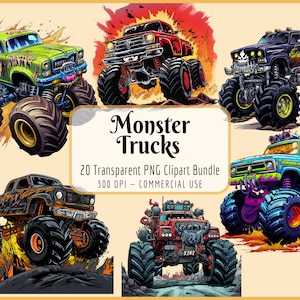 Monster Trucks Clipart Bundle | Extreme Off-Road Vehicle, Monster Truck Jam, Boys Birthday Graphics, Instant PNG Download, Commercial Use