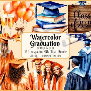 Aquarell Graduierung Clipart Bündel I orange blau, graduierte, Diplom, Kappe Kleid Robe, ältere Mädchen, sofortiger PNG Download, kommerzielle Nutzung