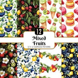 Mixed Fruits Seamless Patterns: Digital Paper Pack, Summer, Menu Recipe Card Graphics, Fruit Backgrounds, (PNG Download)