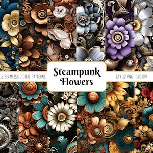 Ensemble de motifs sans couture fleurs steampunk | Paquet de papier numérique, victorien, floral industriel fantastique, téléchargement PNG instantané, usage Commercial
