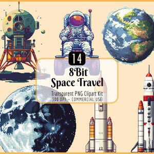 8Bit Space Travel Clipart Kit | Cute Astronaut, Space Illustrations, Retro Space Graphic, Nasa Rockets, Instant PNG Download, Commercial Use