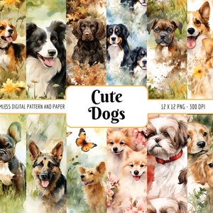 Süße Hunde Muster-Bundle | Digital Paper Pack, Aquarell, Welpen Haustiere im Freien, Berner Pommern Boxer Corgis, Instant Download