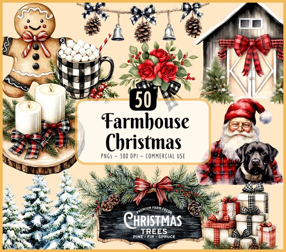Farmhouse Christmas Clipart Bundle | Watercolor, Santa Claus, Festive Snowy Trees, Holidays, Gingerbread, Instant Download, Commercial Use