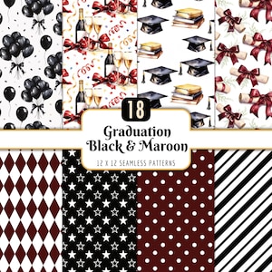 Puede incluir: Un conjunto de 18 patrones sin costuras con temática de graduación. Los patrones incluyen globos negros, botellas de champán, birretes, pergaminos y varios diseños geométricos en negro y granate. El texto dice "Graduation Black & Maroon".