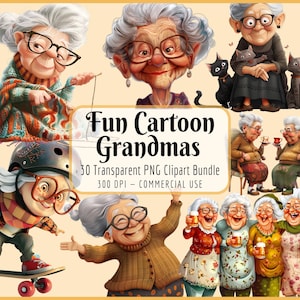 Spaß Cartoon Oma Clipart Bundle I Lustige alte Dame, schrullige Oma, lachend Backen, tanzende Nana, sofortiger PNG Download, kommerzielle Nutzung