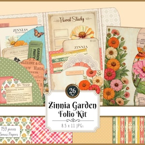 Zinnia Garden Folio Kit: Junk Journal Insert, Fussy Cuts, Mix & Match (JPG Download)