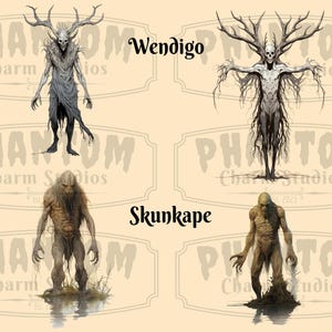 Four images from our American Cryptids clipart bundle. Explore the eerie side of folklore with the Skunkape and Wendigo. Two images of each mythical creature.