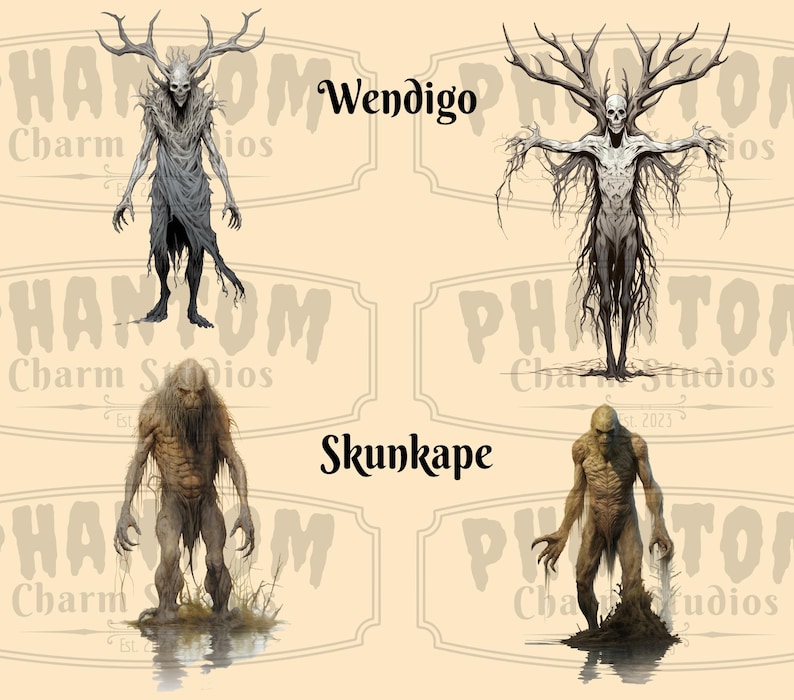 Four images from our American Cryptids clipart bundle. Explore the eerie side of folklore with the Skunkape and Wendigo. Two images of each mythical creature.