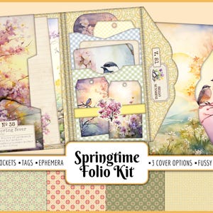 May include: A springtime folio kit with a yellow, green, and white floral design. The kit includes pockets, tags, and ephemera. The text on the image reads "Springtime Folio Kit", "No. 38 spring fever", "Pockets - Tags - Ephemera", "3 Cover Options - Fussy Cuts", and "Hello Sunshine".