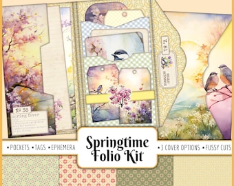 Springtime Folio Kit | Spring Season Junk Journal Insert Folder Bundle, Pockets Tags Ephemera, Flowers Tulips Butterflies, Scrapbook Supply
