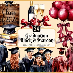 Imágenes prediseñadas de graduación: Negro y granate, chicas y chicos de último año, diploma, birrete, toga y birrete (descarga PNG)