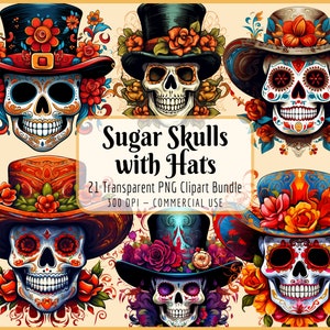 Lot de cliparts crânes en sucre avec chapeaux | Jour des morts, Dia De Los Muertos, mexicain, célébration, téléchargement PNG instantané, usage commercial