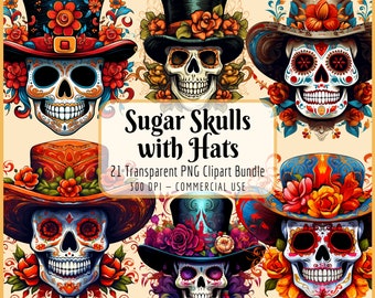 Sugar Skulls With Hats Clipart Bundle | Day of the Dead, Dia De Los Muertos, Mexican, Celebration, Instant PNG Download, Commercial Use