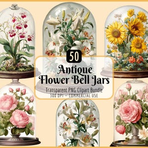 Lot de cliparts fleurs antiques en forme de cloche | Aquarelle vintage floral botanique dôme Illustrations printemps été graphiques, téléchargement PNG instantané