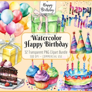 Pacchetto di clipart di buon compleanno ad acquerello I Grafica di compleanno, torta, candele, regali, palloncini, festa, download PNG istantaneo, uso commerciale