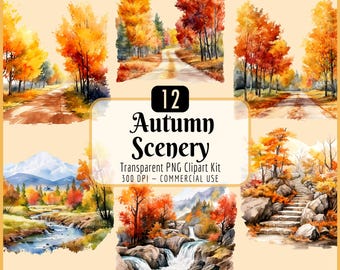 Herbst Landschaft Clipart Kit | Aquarell, Herbstlandschaften, saisonale Grafiken, Wald, bunte Bäume, sofortiger PNG Download, kommerzielle Nutzung