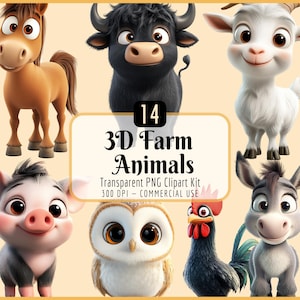 3D Bauernhof Tiere Clipart Kit | Niedliche Barnyard Tiere, Kuh, Stier, Schwein, Pferd, Eule, Hahn, Ziege, Esel, sofortiger PNG Download, kommerzielle Nutzung