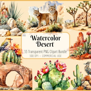 Paquete de imágenes prediseñadas de acuarela del desierto en tonos naturales, paisaje occidental, paisaje natural, formaciones rocosas, descarga PNG instantánea, uso comercial