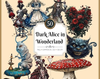 Düsteres Alice-im-Wunderland-Clipart-Bundle | Gothic-Fantasy, Märchenabenteuer, Grinsekatze, verrückter Hutmacher, Herzkönigin | Sofortiger PNG-Download