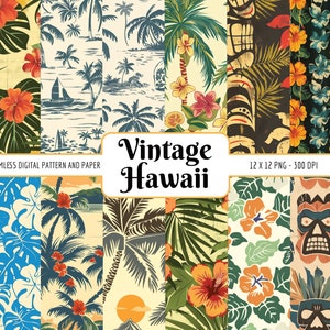 lot de motifs vintage sans couture d'Hawaï | Pack de papier numérique rétro palmiers tropicaux hawaïens fleurs Tiki été, téléchargement PNG instantané