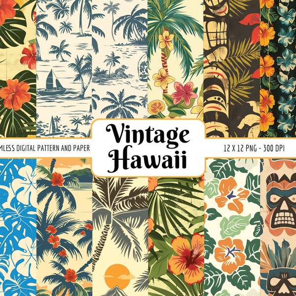 Vintage Hawaii Seamless Patterns Bundle | Digital Paper Pack Retro Hawaiian Tropical Palm Trees Flowers Tiki Summer, Instant PNG Download