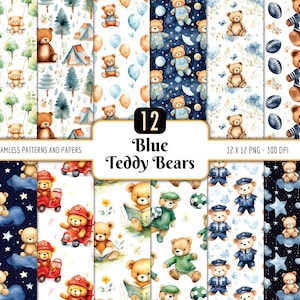 Lot de motifs sans couture bleus nounours | Paquet de papier numérique, chambre de bébé baby shower bleu, arrière-plans, téléchargement PNG instantané, usage commercial
